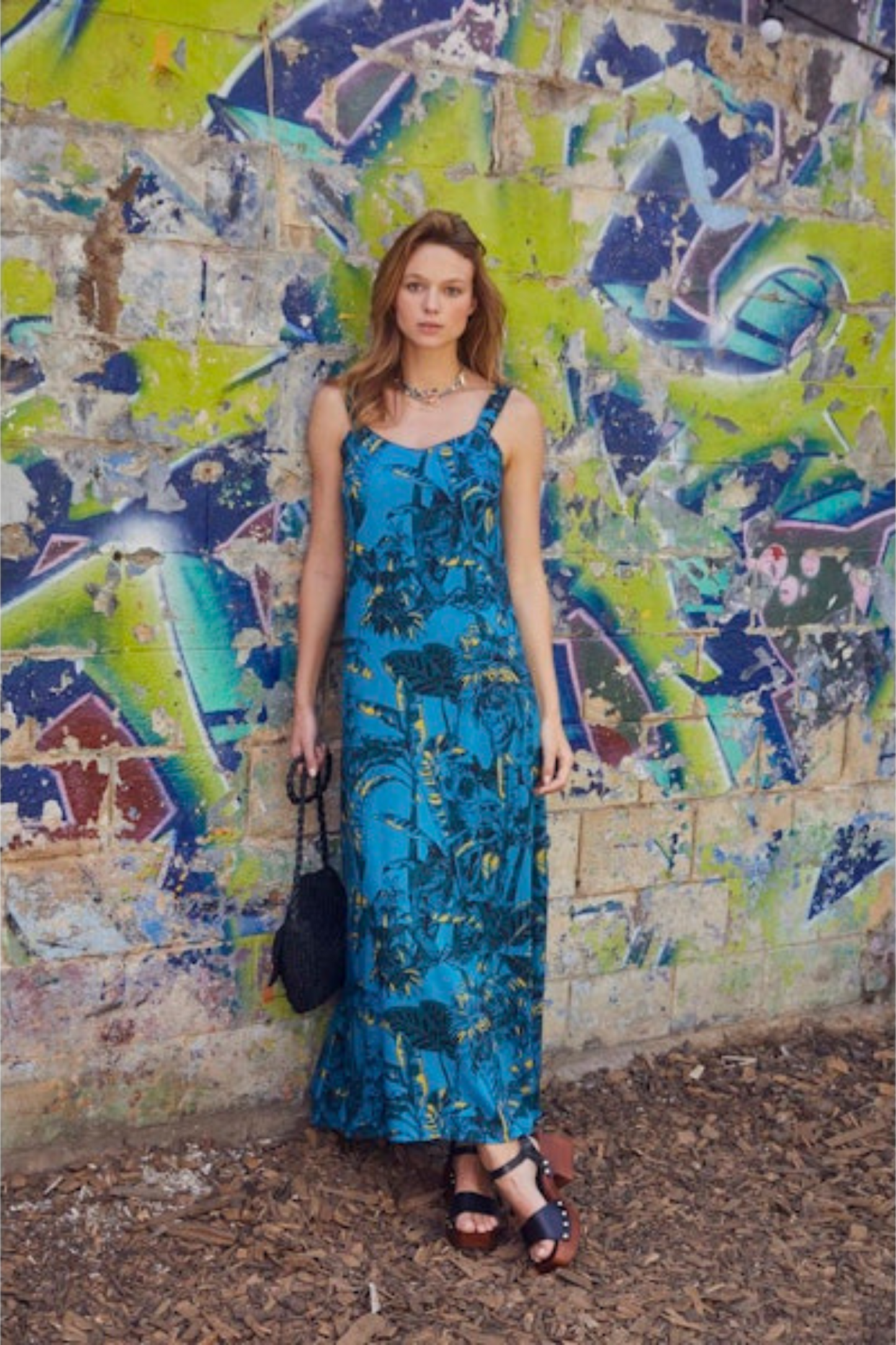 Blue long dress with straps and print