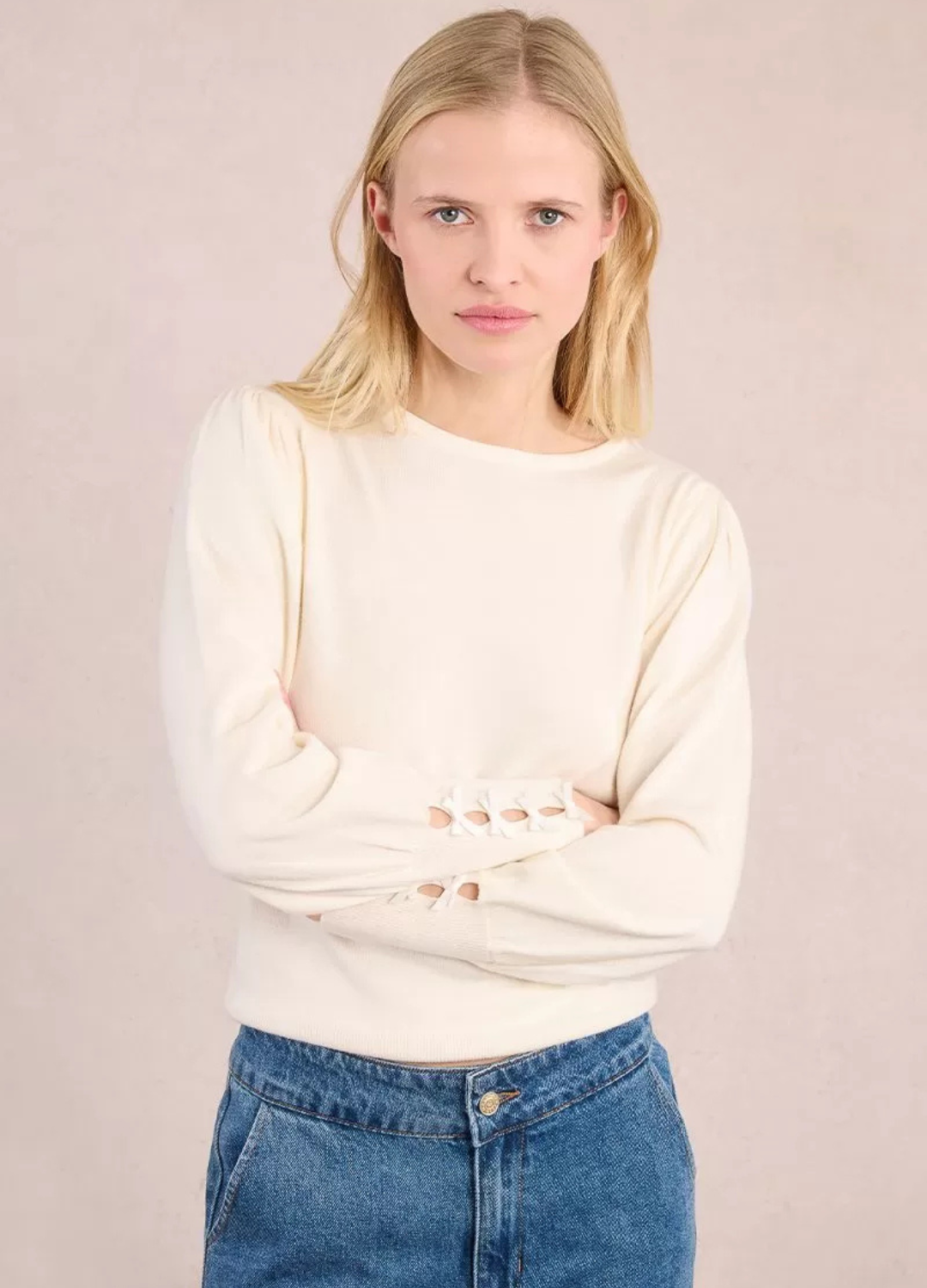 Molly Bracken - Ribbon Cuff White Sweater