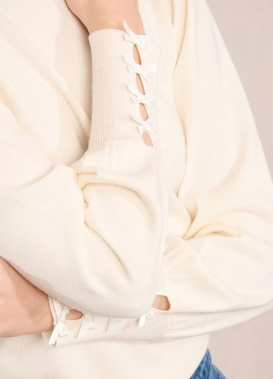 Molly Bracken - Ribbon Cuff White Sweater