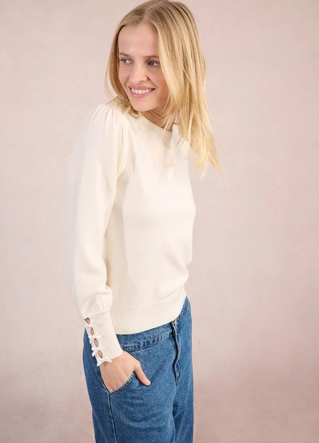 Molly Bracken - Ribbon Cuff White Sweater