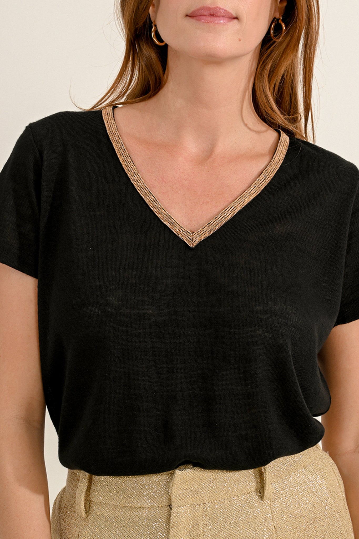 Molly Bracken Gold Trim Neckline T-Shirt In Black