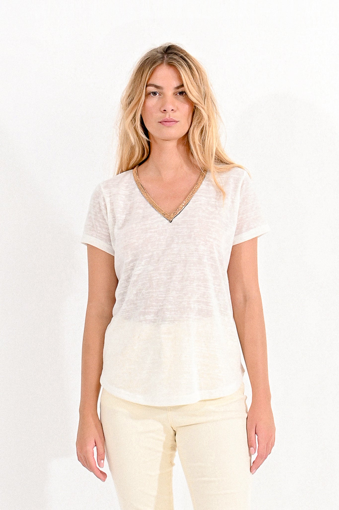 Molly Bracken Gold Trim Neckline T-Shirt In White