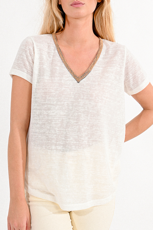 Molly Bracken Gold Trim Neckline T-Shirt In White