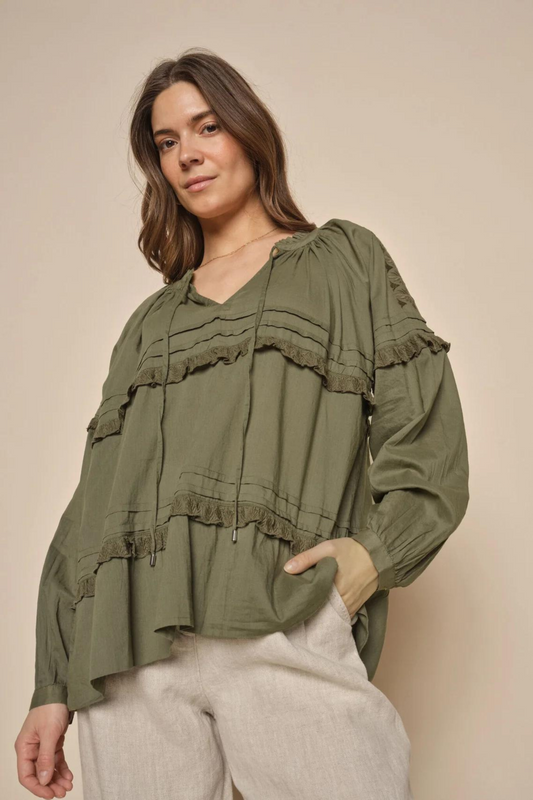 Mos Mosh- Lou Voile Embroidery Blouse in Olive