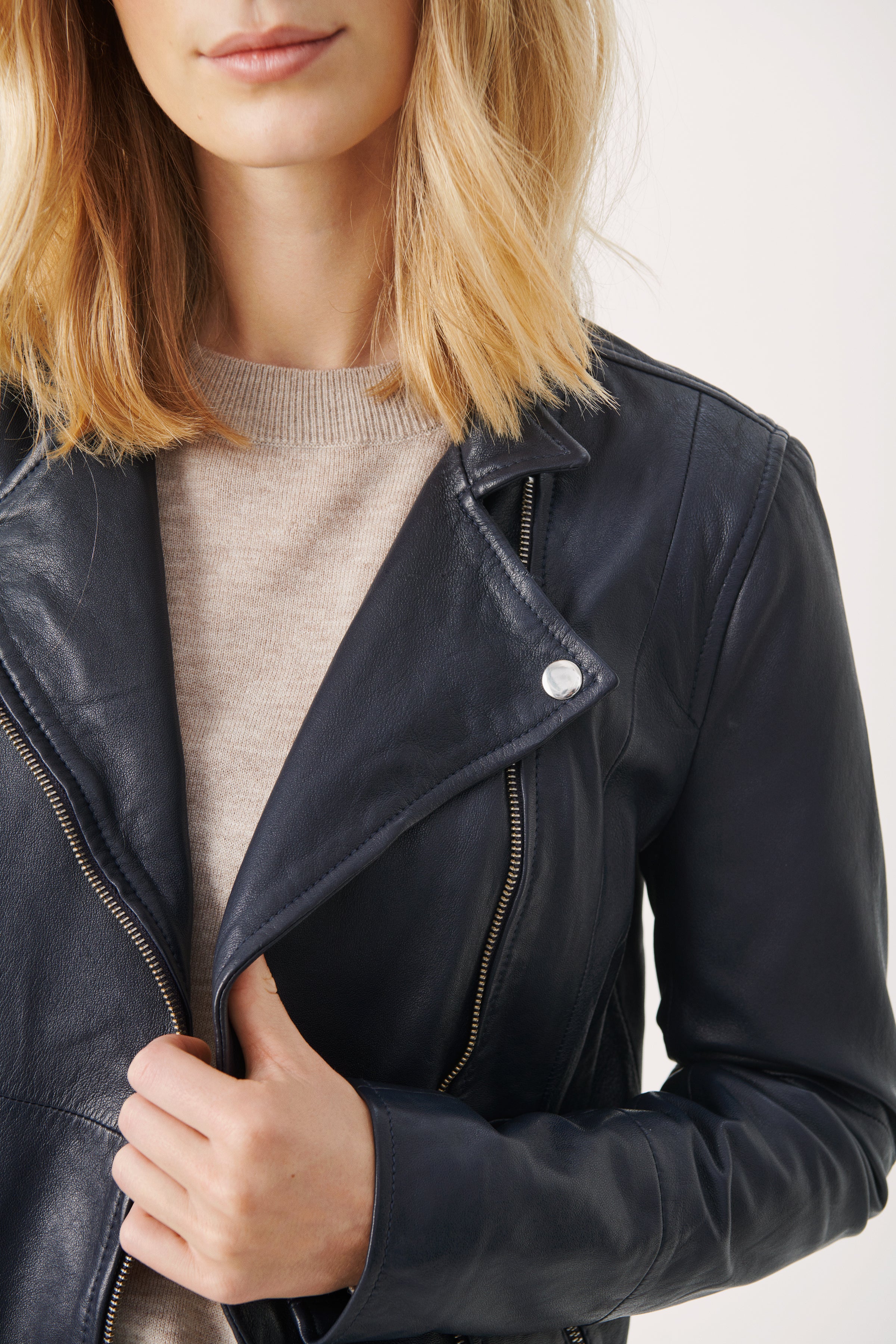 Frances High Quality Navy Leather Jacket