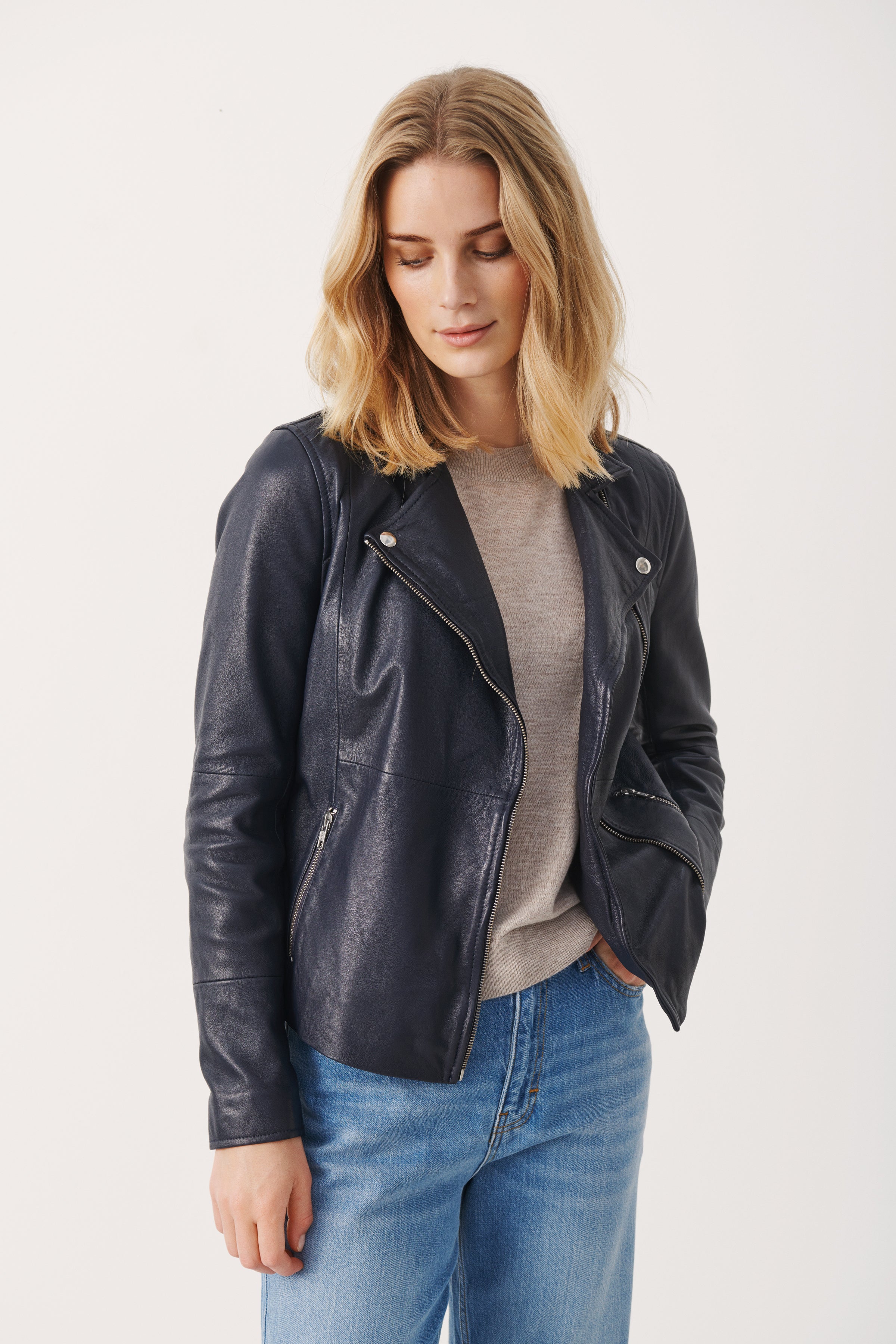 Frances High Quality Navy Leather Jacket