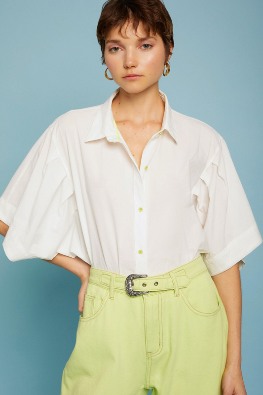 White Short Sleeve Blouse With Pleats