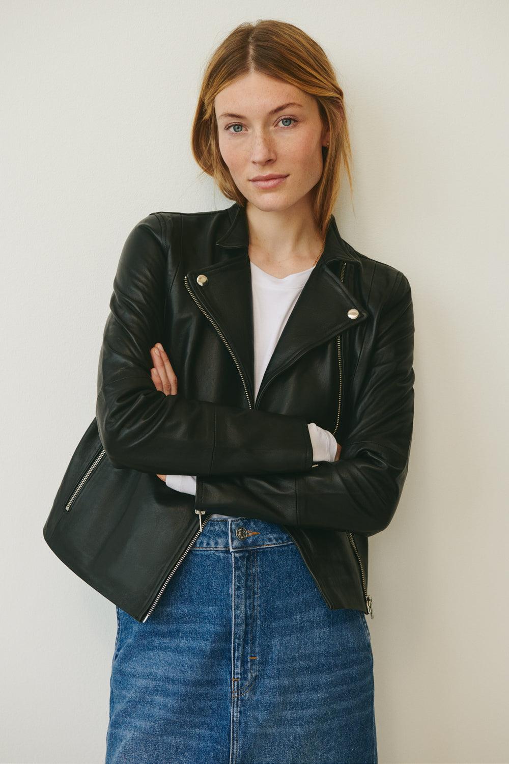 Frances High Quality Black Leather Jacket - Diamonds & Pearls