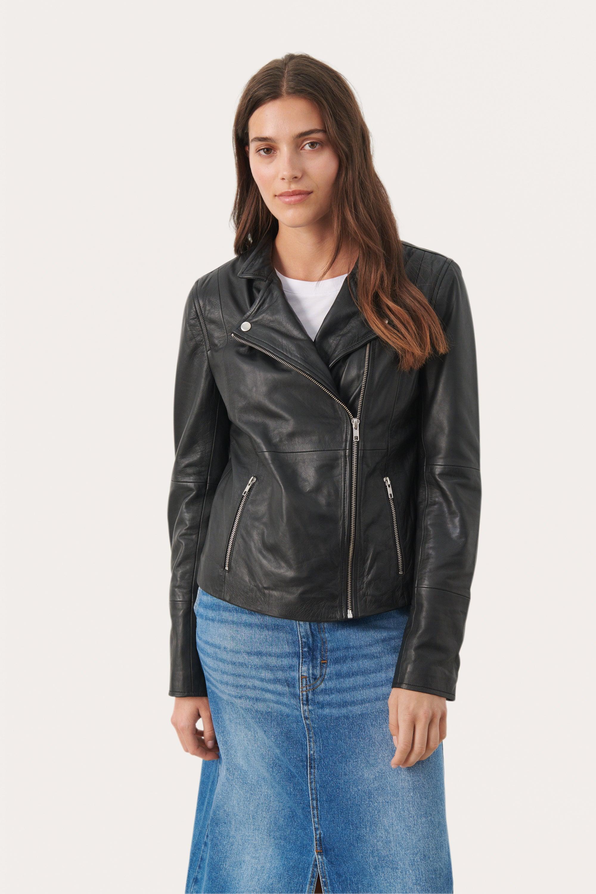 Frances High Quality Black Leather Jacket - Diamonds & Pearls
