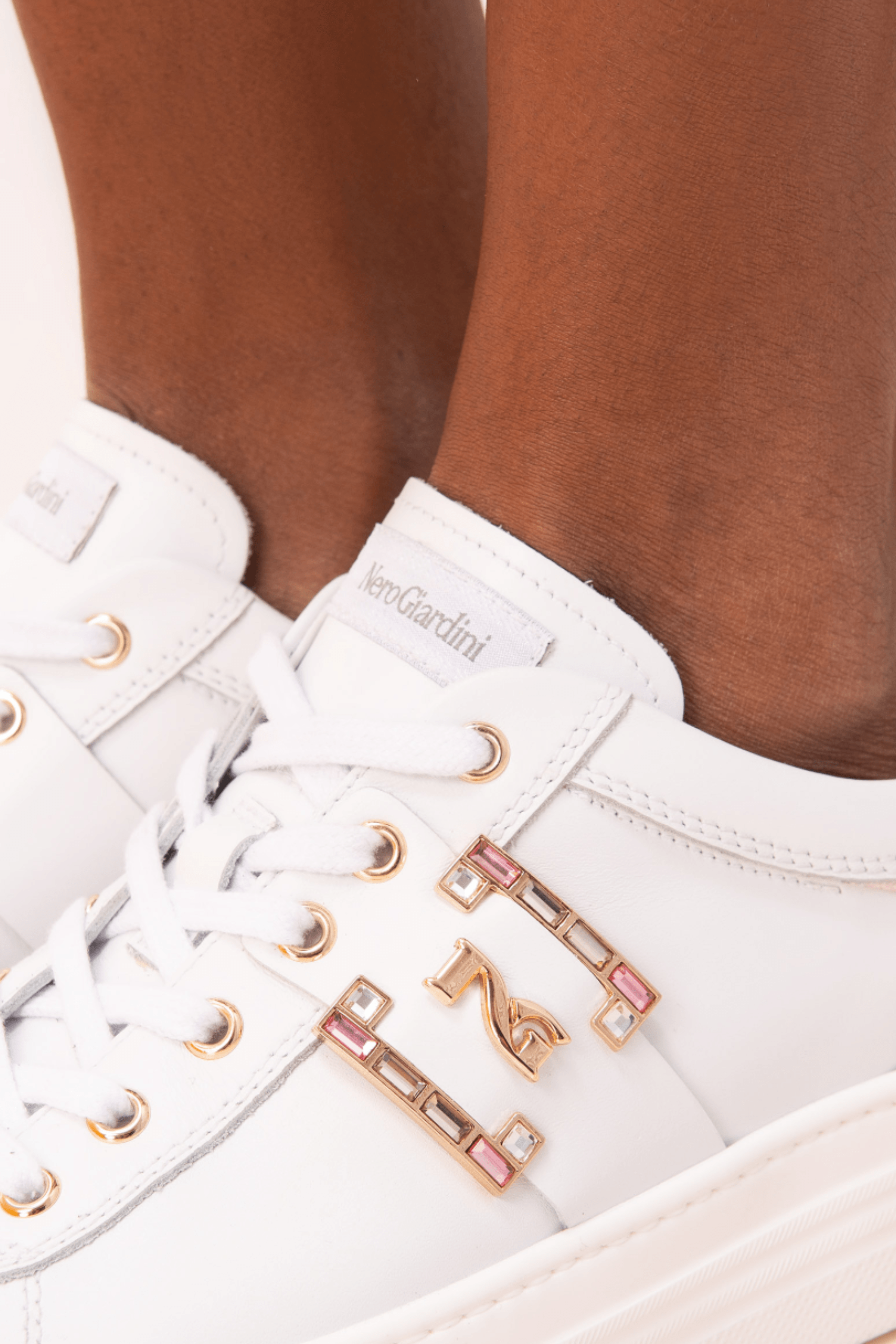 Nero Giardini - E409967D White Platform Trainer - Diamonds & Pearls