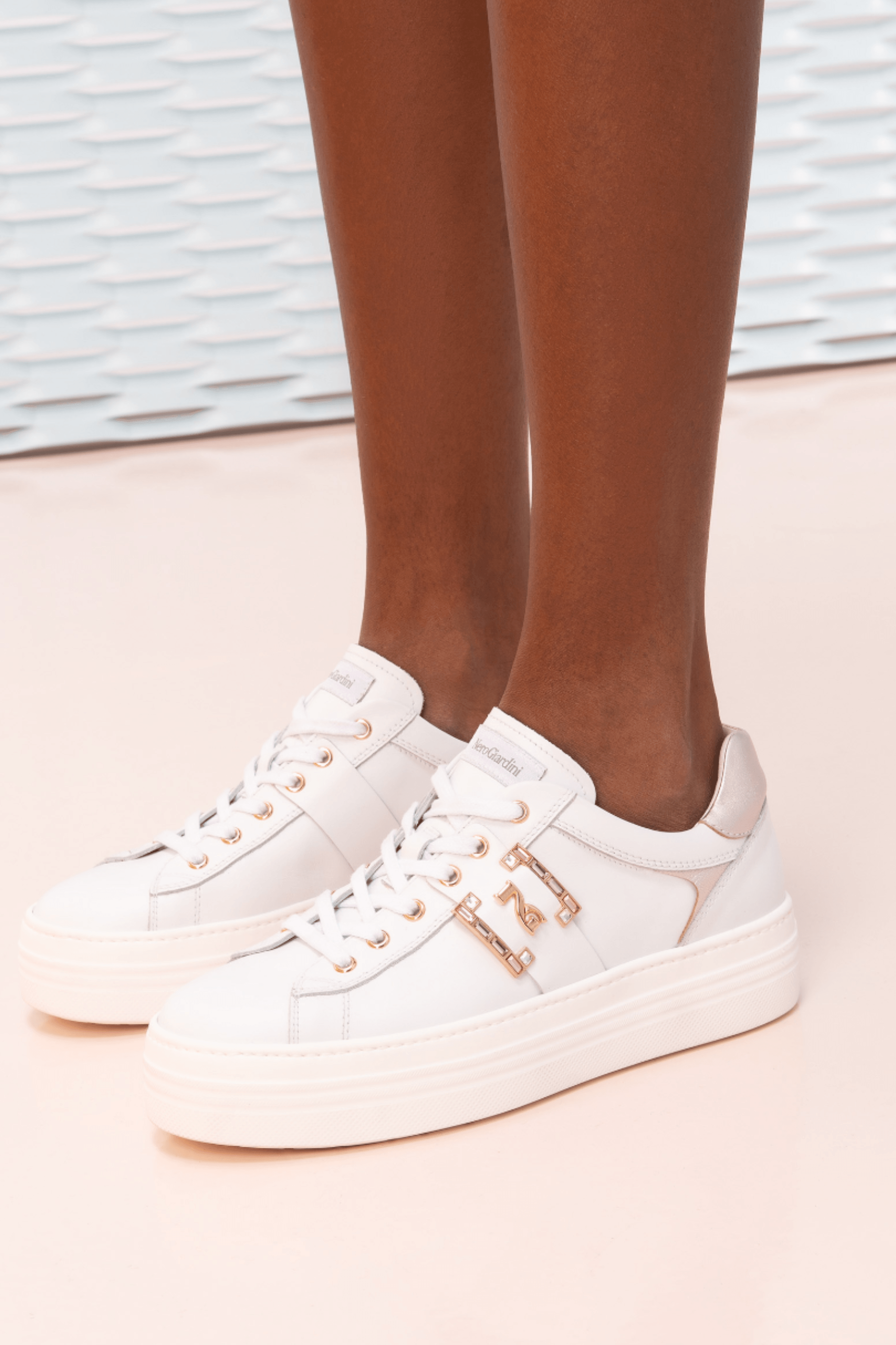 Nero Giardini - E409967D White Platform Trainer - Diamonds & Pearls