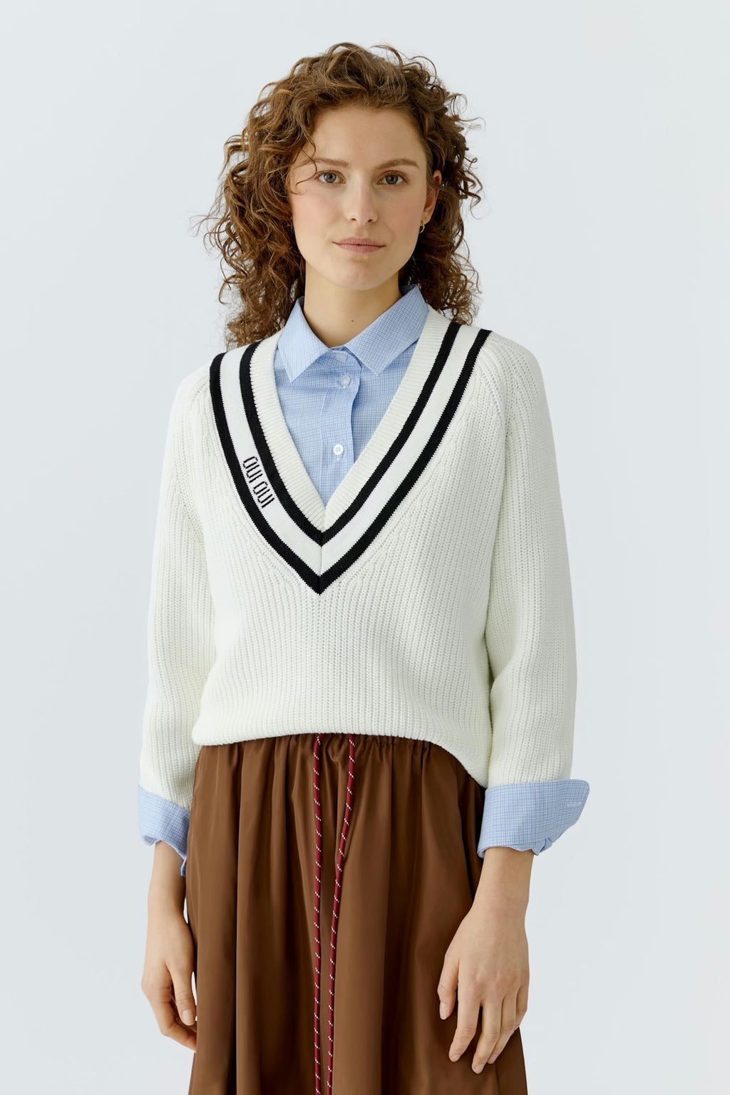 Oui - White V Neck Knit