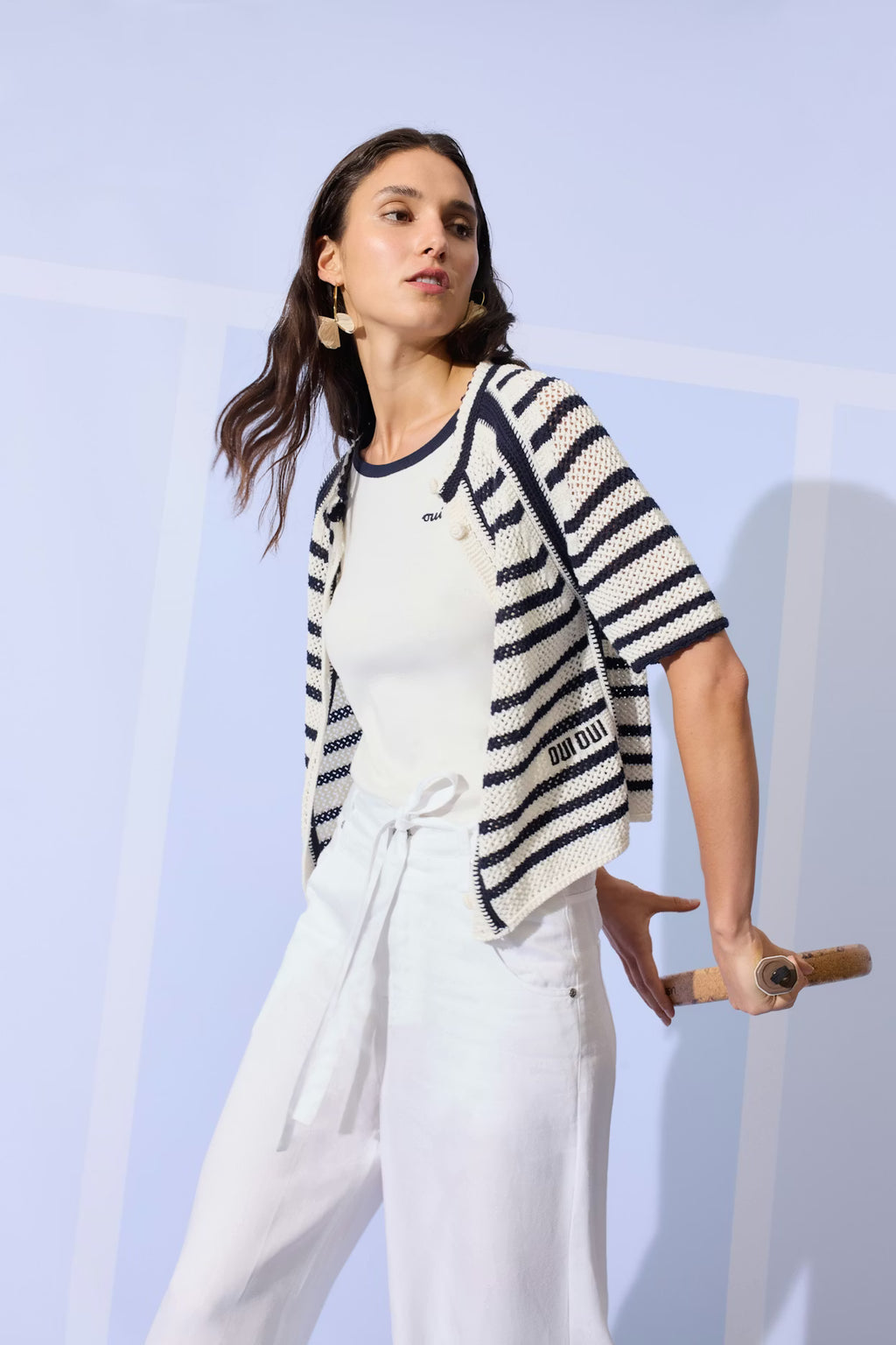 Oui - Stripe Short Sleeve Cardigan