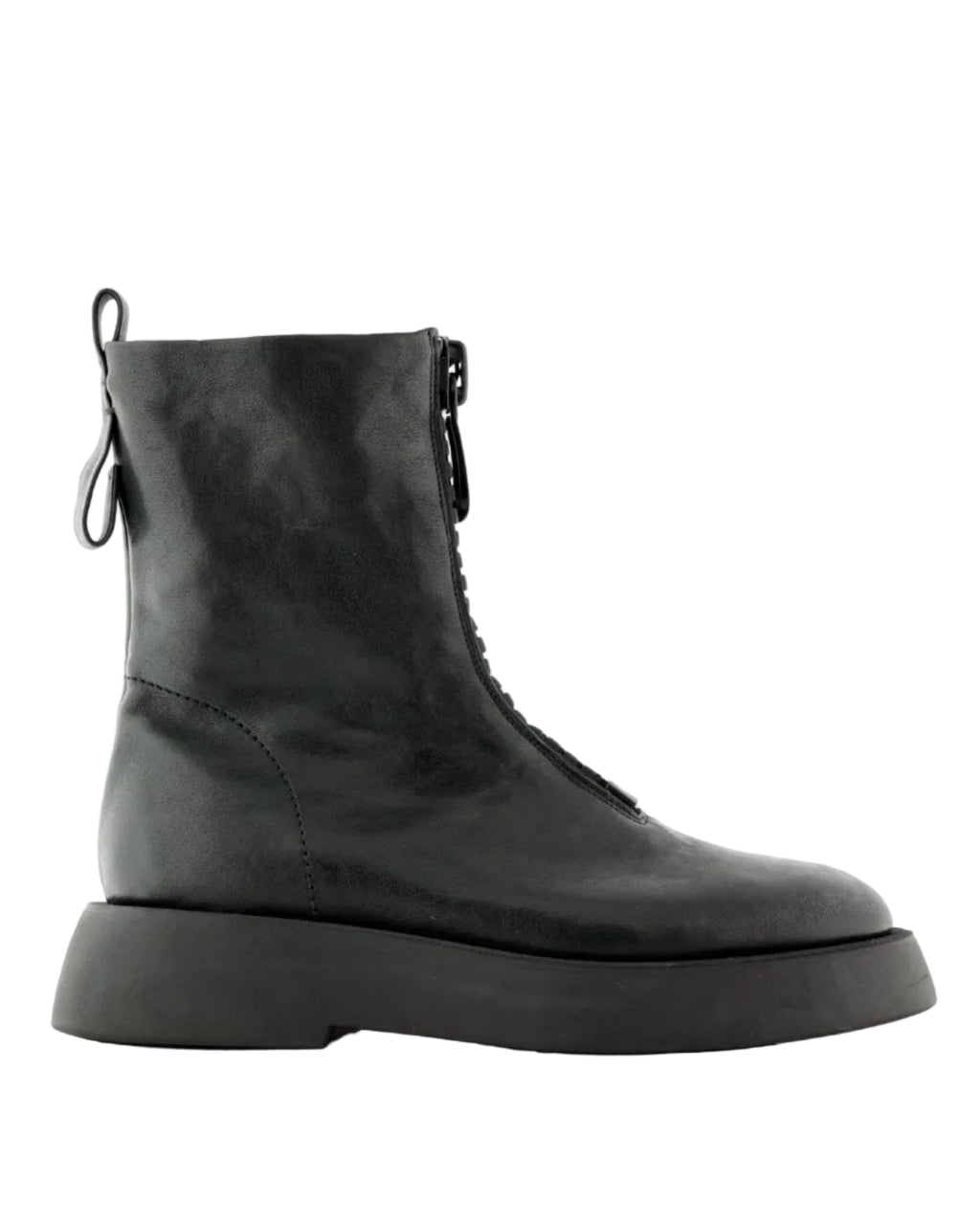 A single black leather ankle boot with a thick platform sole, side zipper, and pull tab, shown from a side profile on a white background.  Ernesto Dolani
