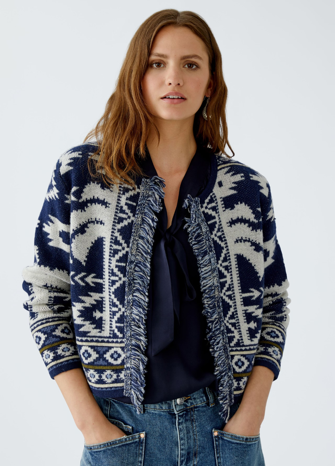 Oui - Fringe & Pattern Cardigan