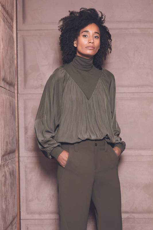 Truffle Draped High Neck Blouse