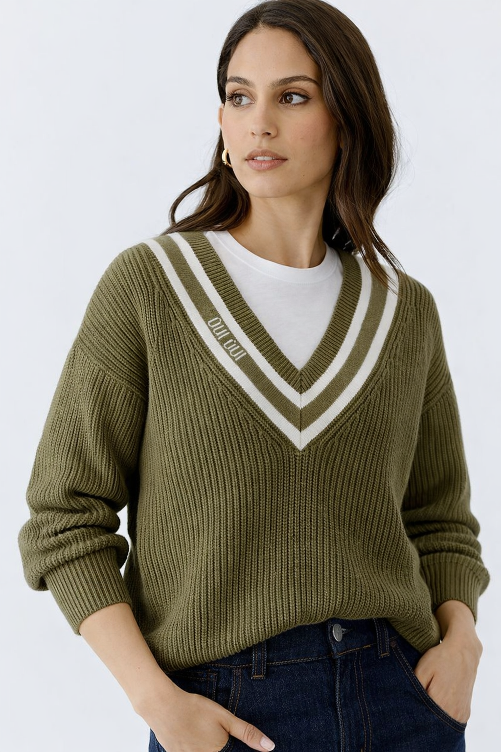 Oui - Khaki V Neck Knit