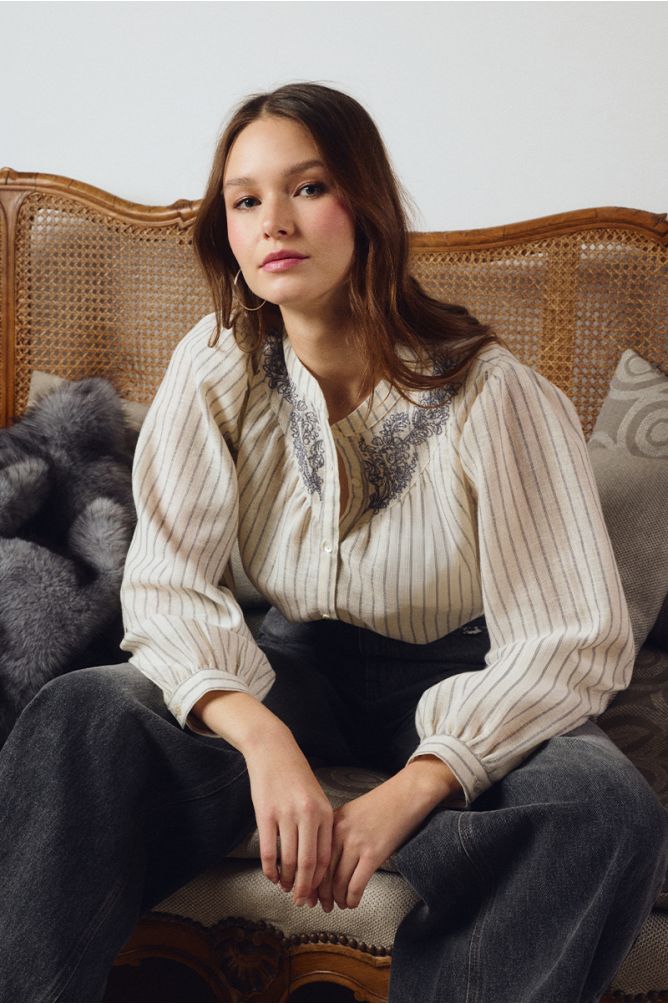 Molly Bracken - Striped Blouse with Manderin Collar