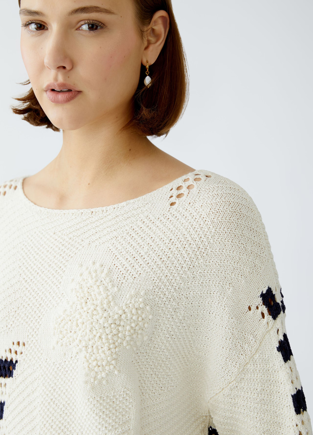 Oui - Crochet Navy Cream Knit Jumper