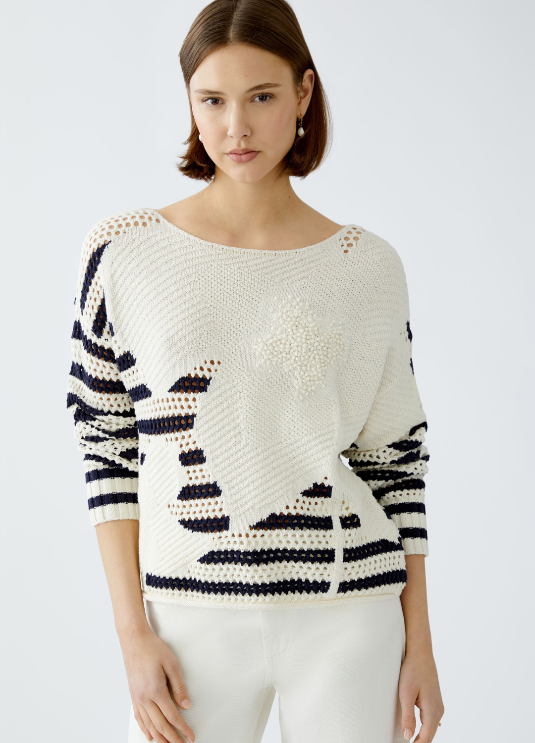 Oui - Crochet Navy Cream Knit Jumper