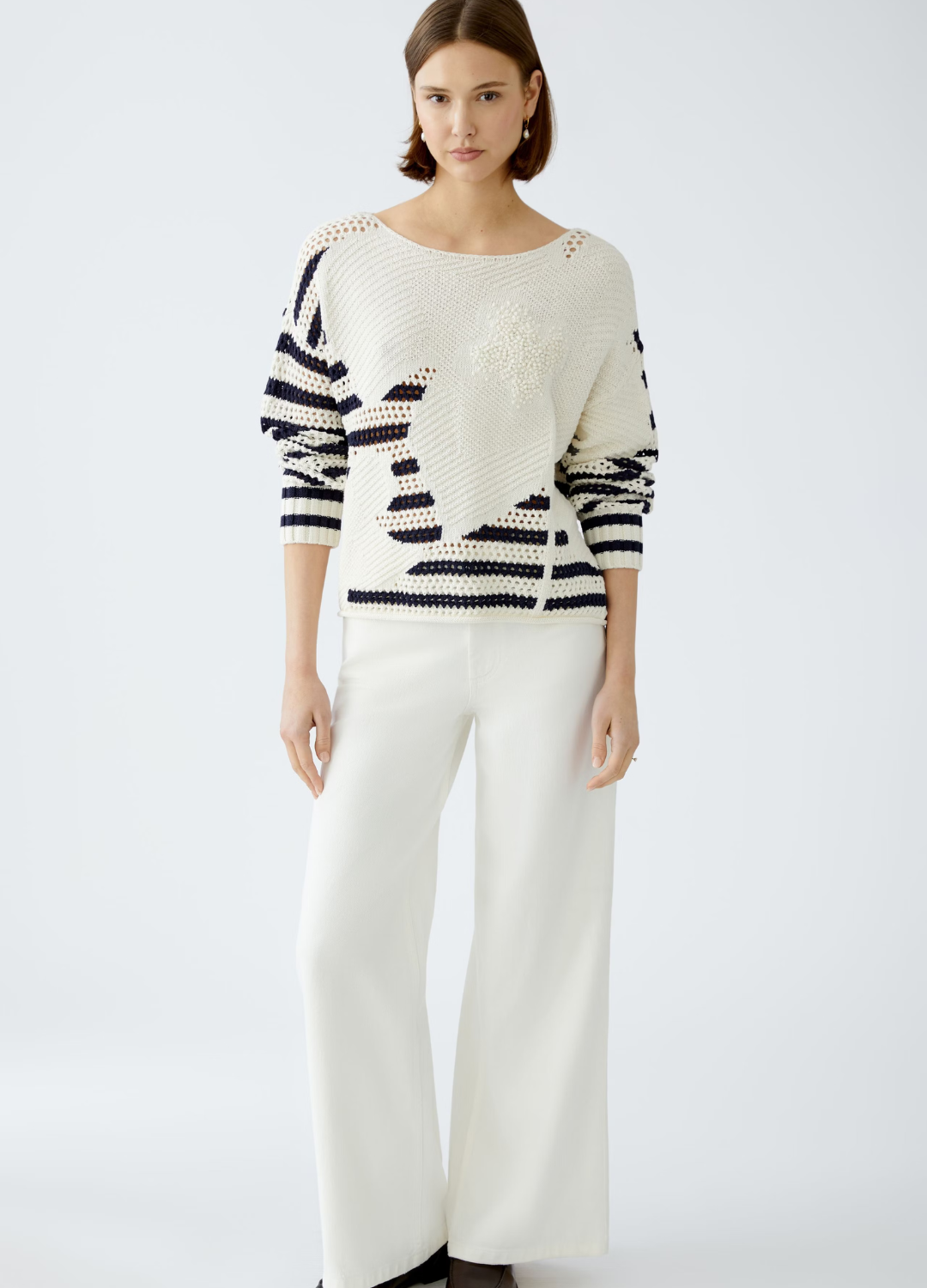 Oui - Crochet Navy Cream Knit Jumper