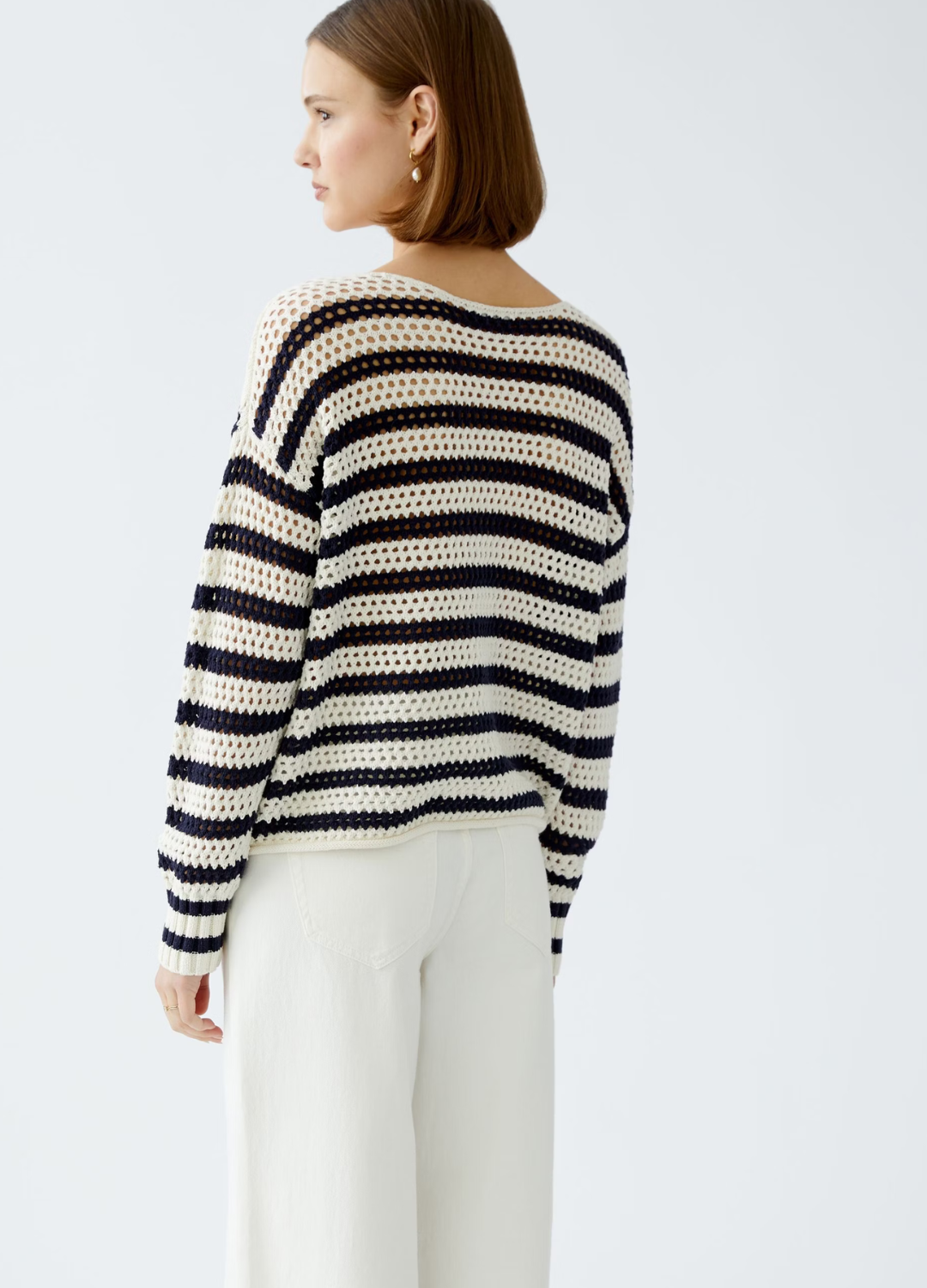 Oui - Crochet Navy Cream Knit Jumper