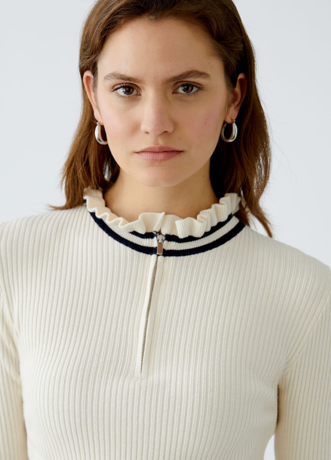 Oui - Frill Cream Rib Top