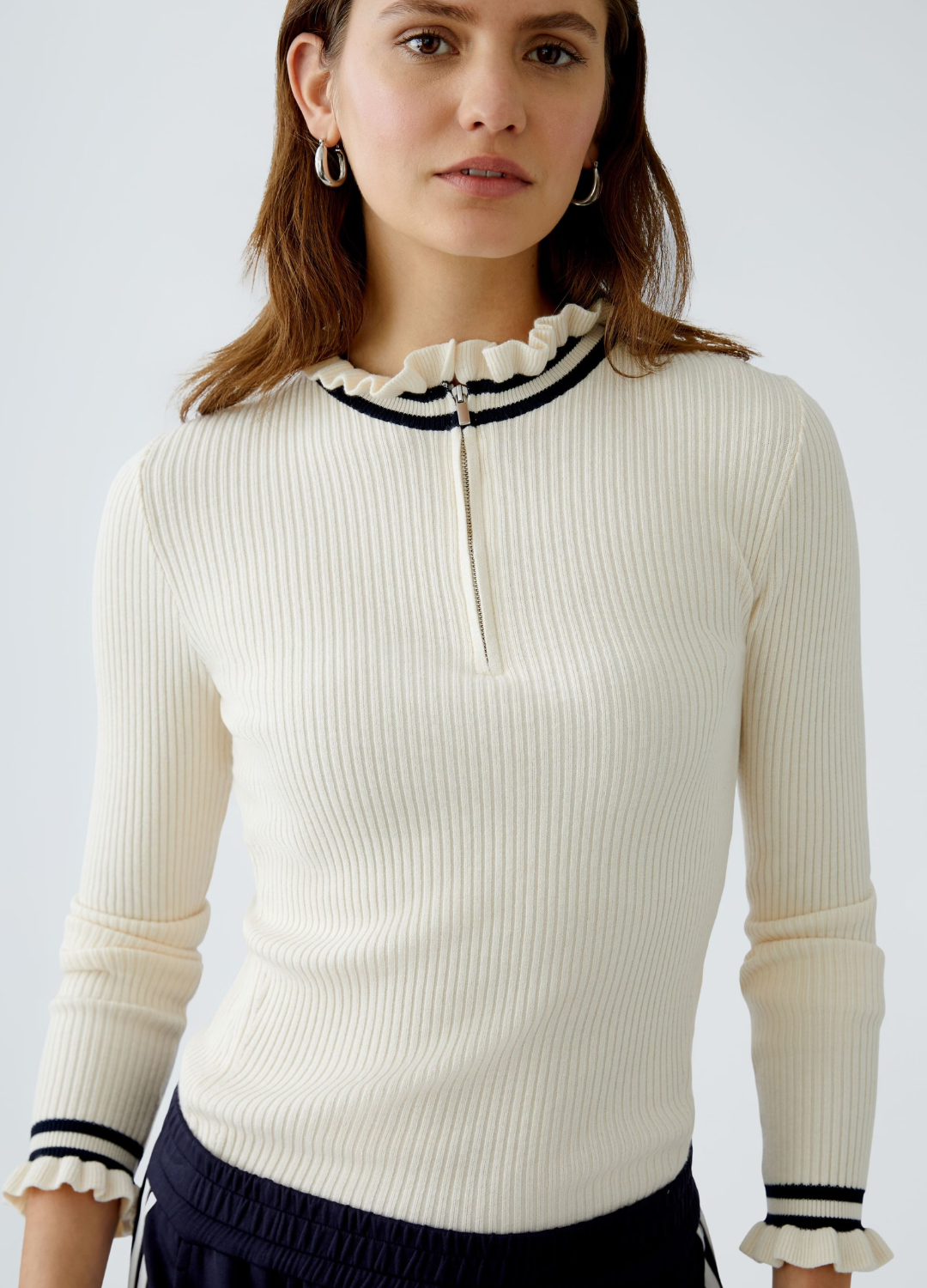 Oui - Frill Cream Rib Top