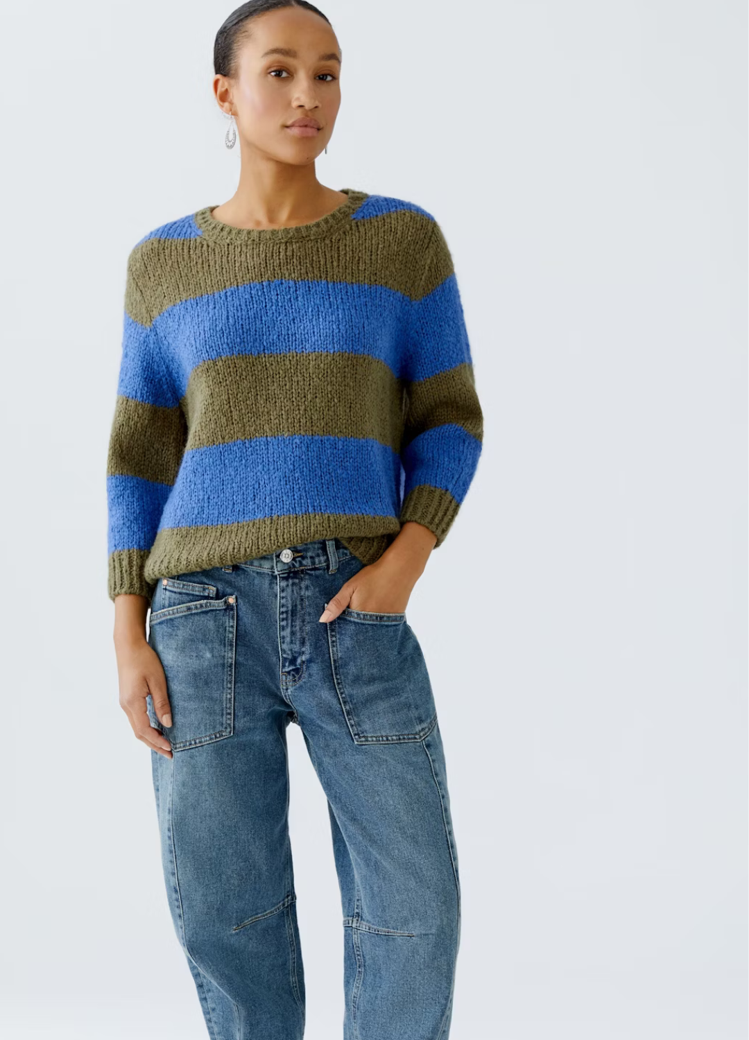 Oui - Khaki & Blue Stripe Jumper