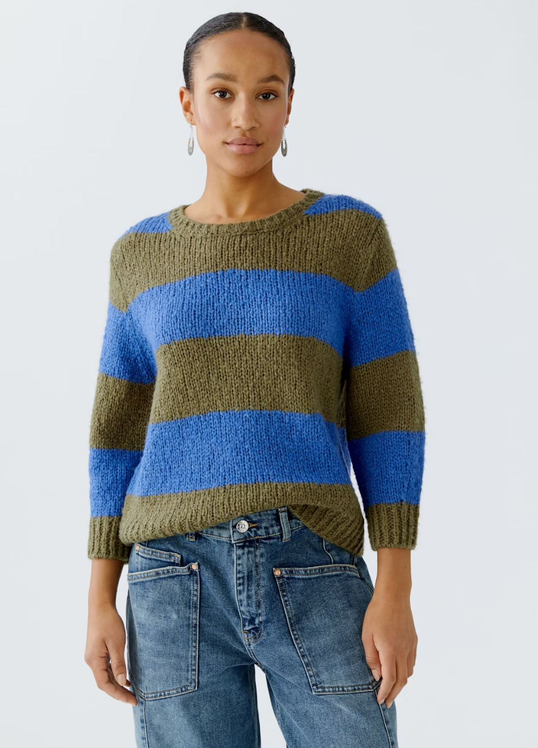 Oui - Khaki & Blue Stripe Jumper