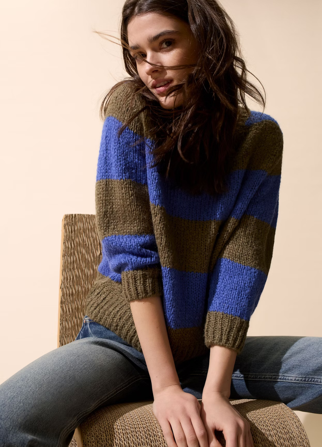 Oui - Khaki & Blue Stripe Jumper