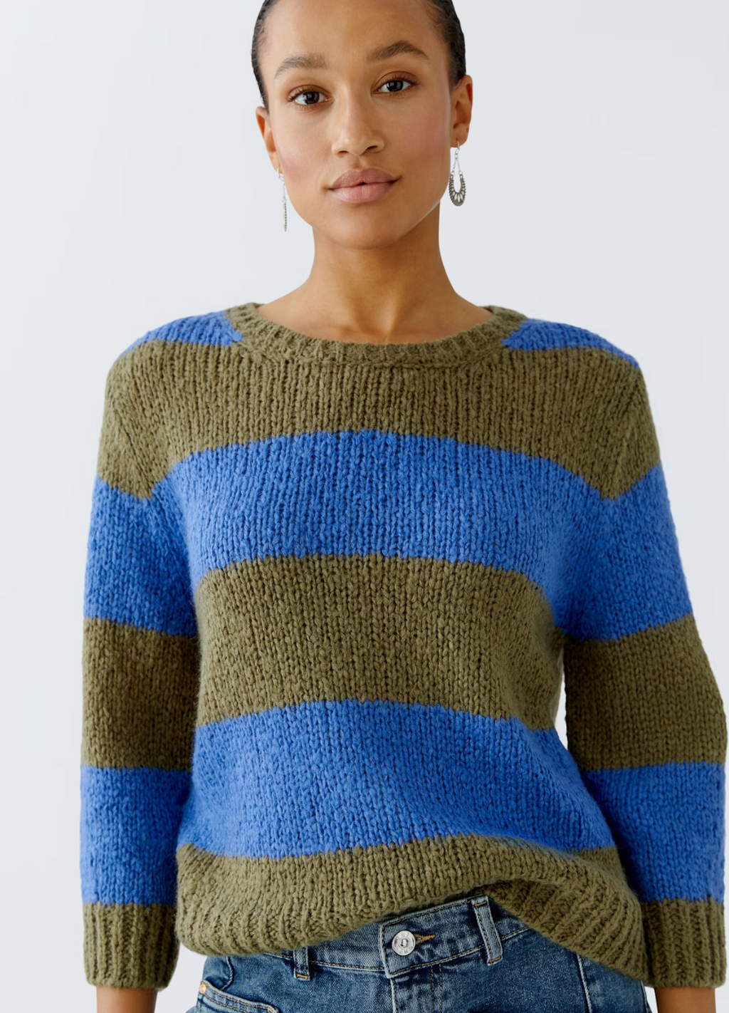 Oui - Khaki & Blue Stripe Jumper