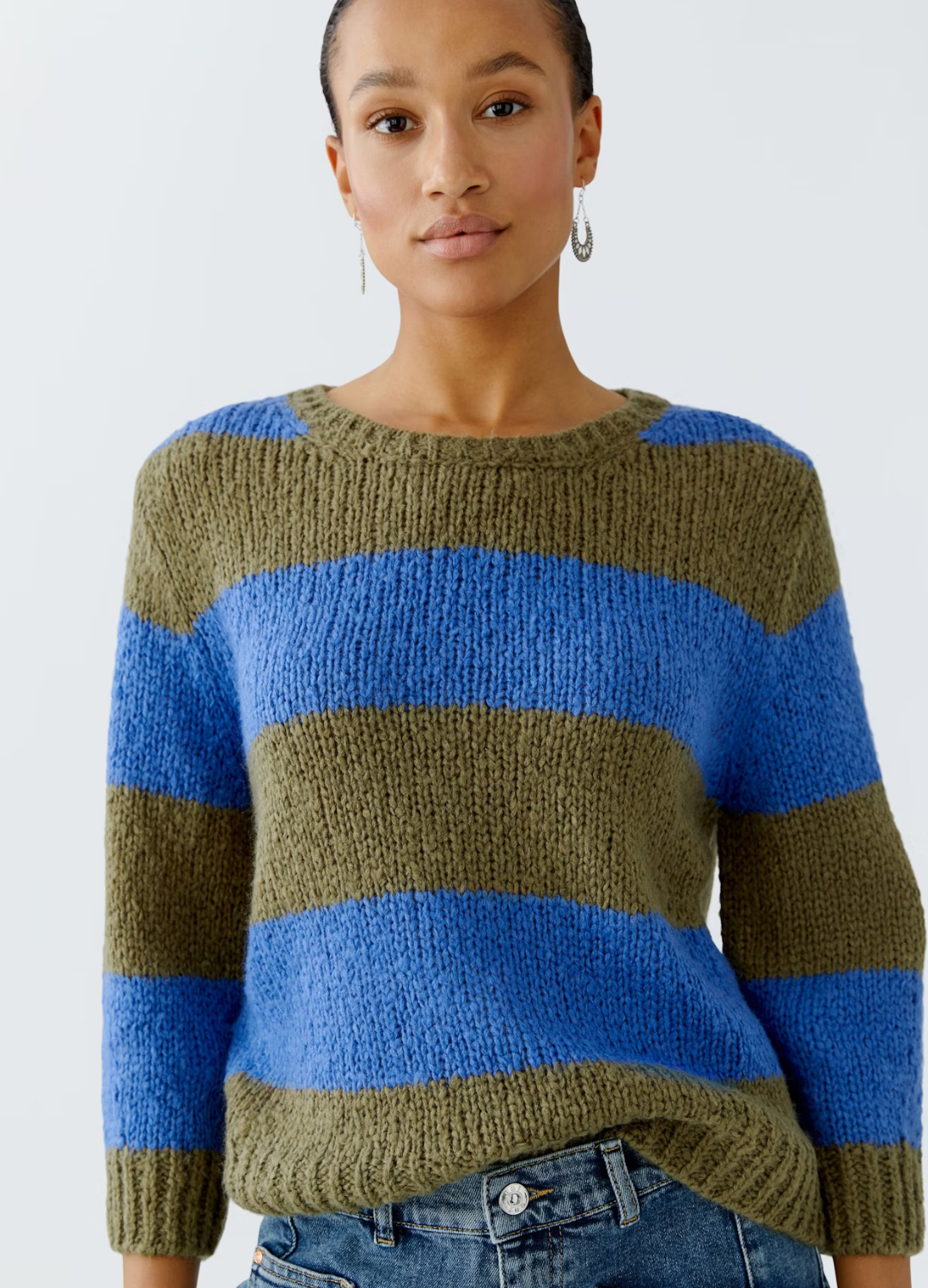 Oui - Khaki & Blue Stripe Jumper