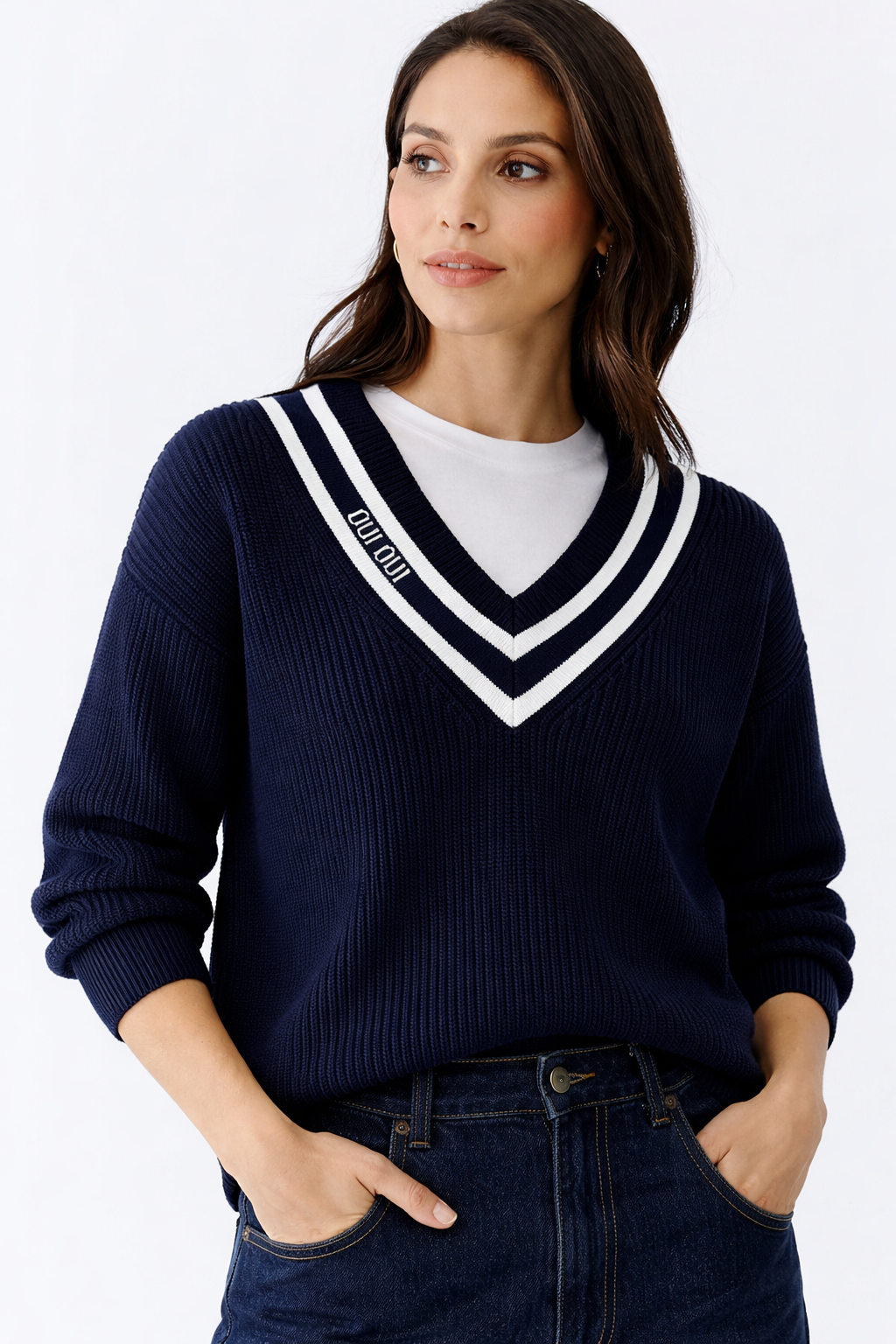 Oui - Navy V Neck Knit