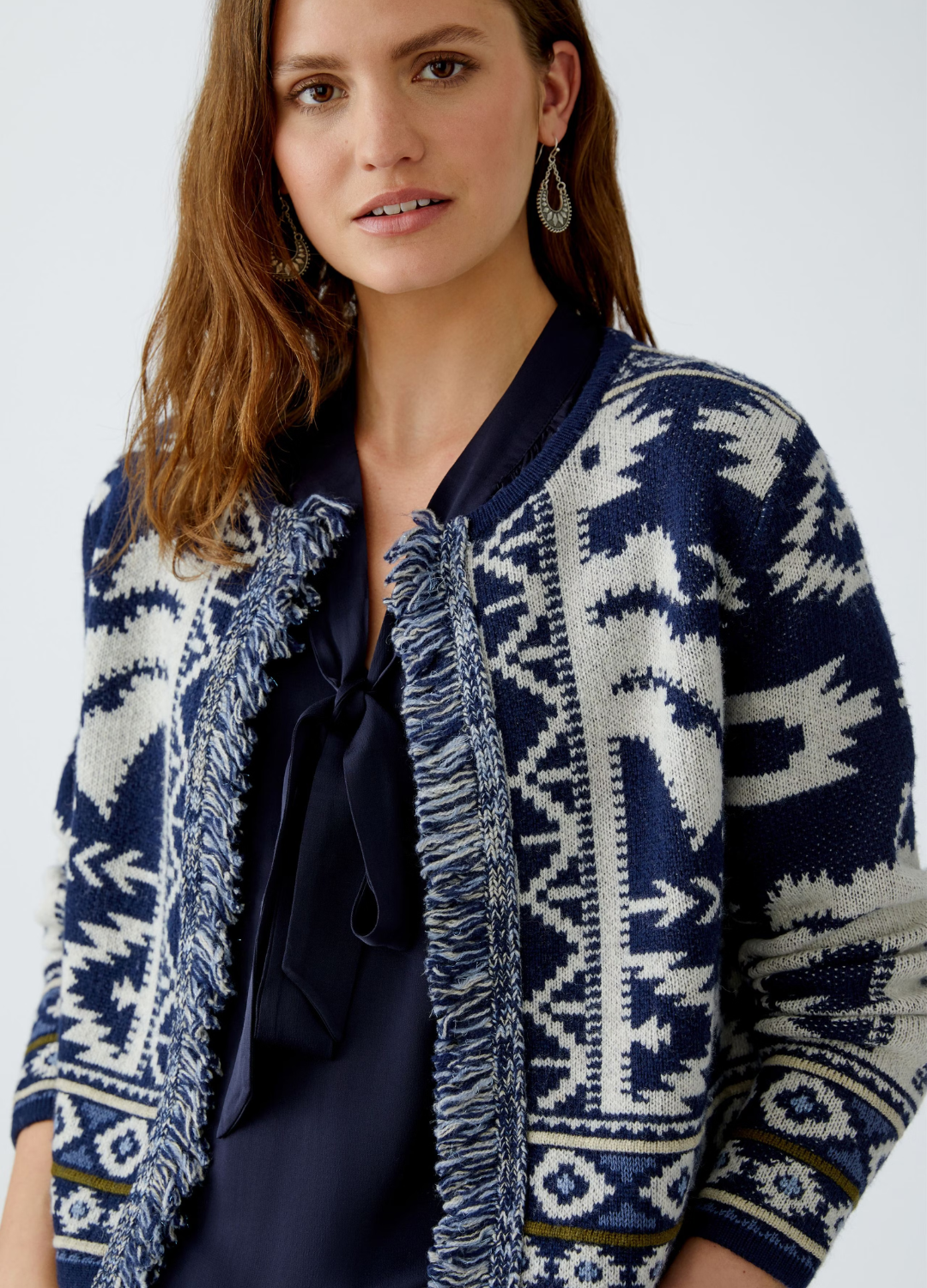 Oui - Fringe & Pattern Cardigan