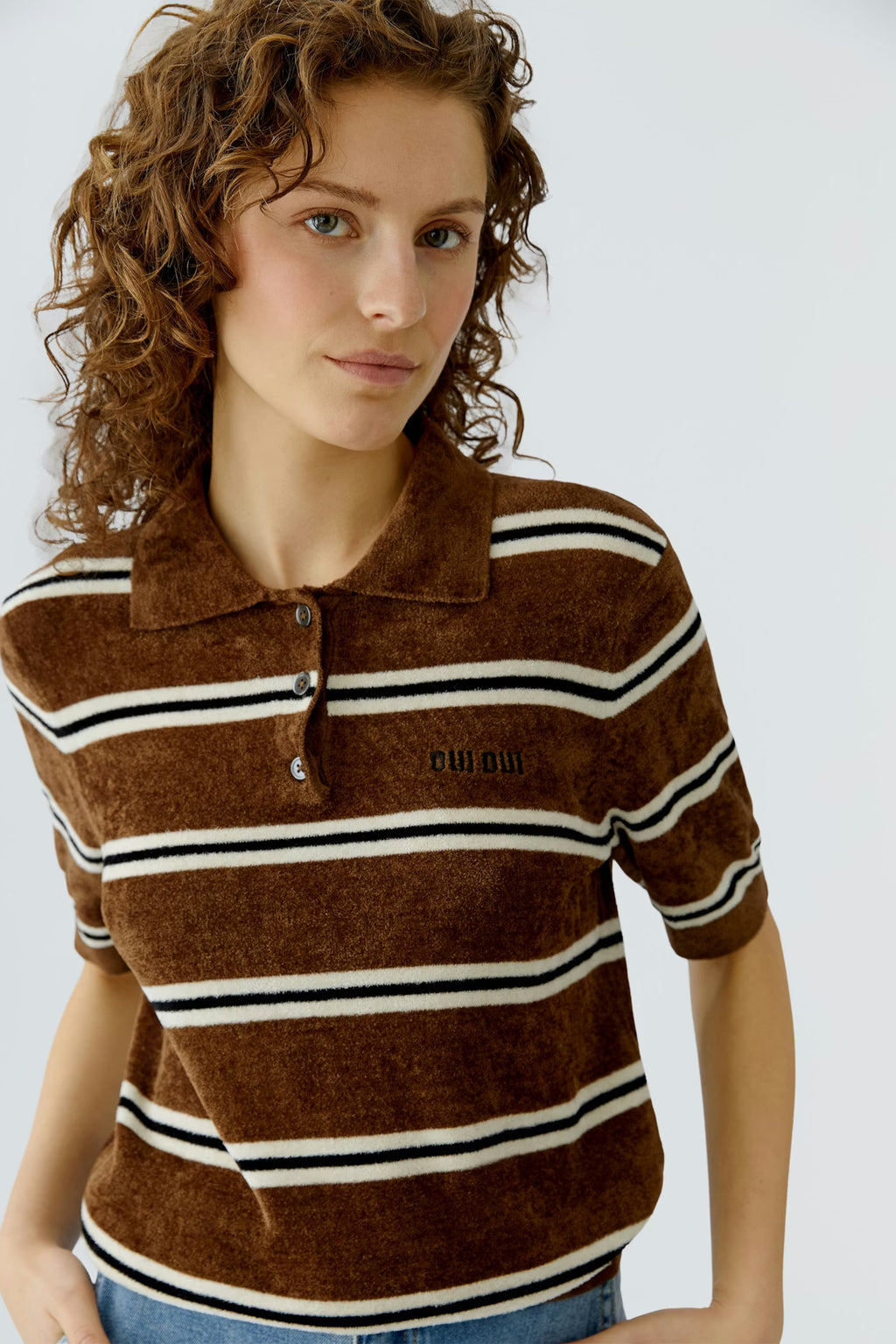 Oui - Polo Brown Stripe Top