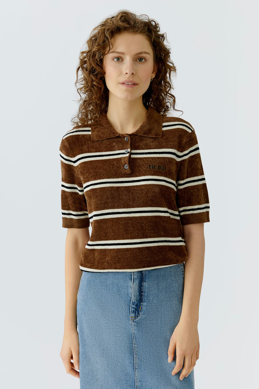Oui - Polo Brown Stripe Top