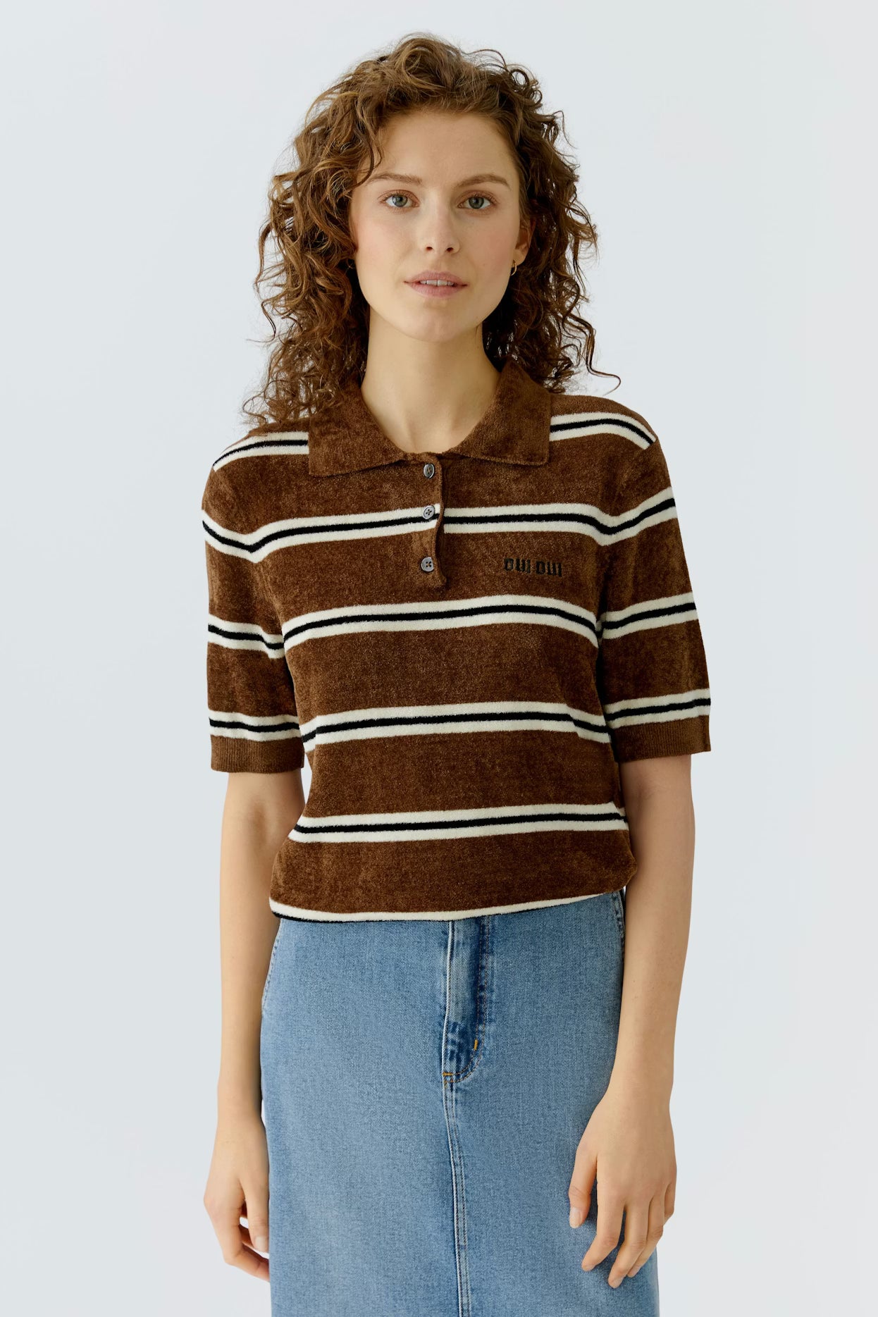 Oui - Polo Brown Stripe Top