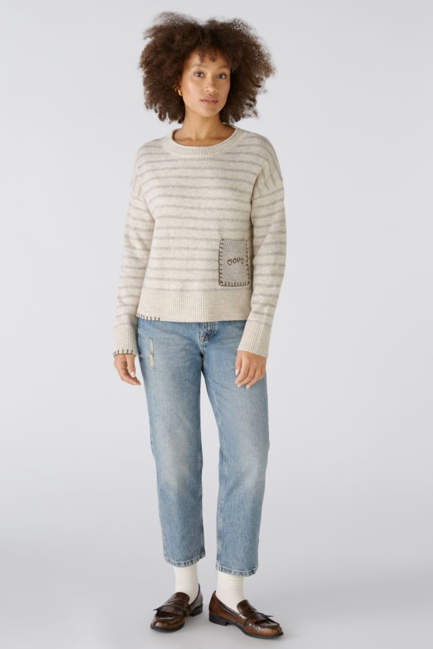 Oui - Stone Taupe Stripe Jumper