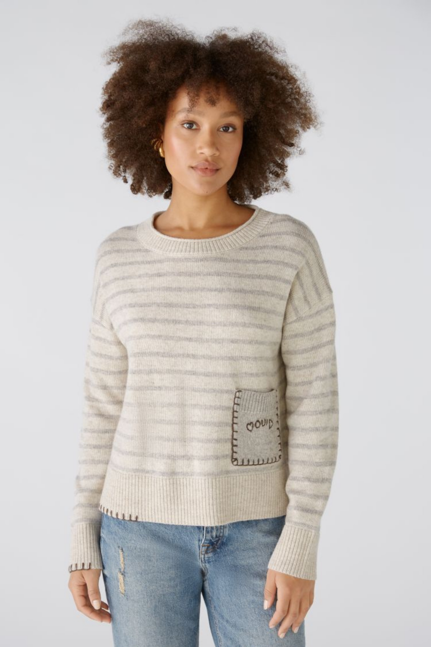 Oui - Stone Taupe Stripe Jumper