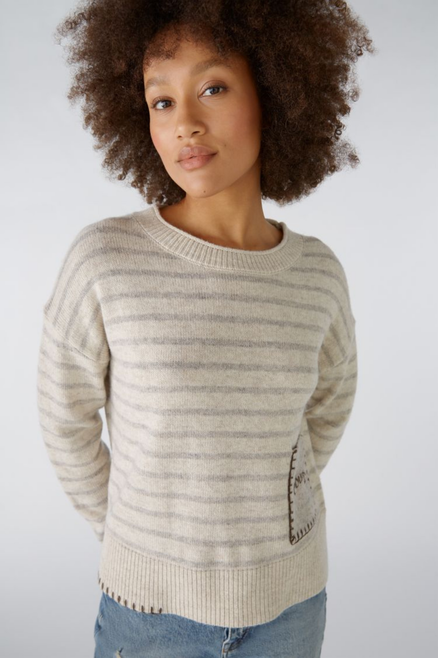 Oui - Stone Taupe Stripe Jumper