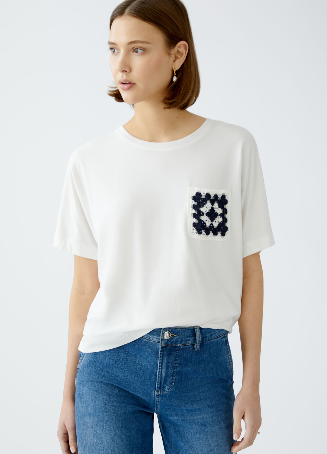 Oui - White Crochet Pocket T - Shirt