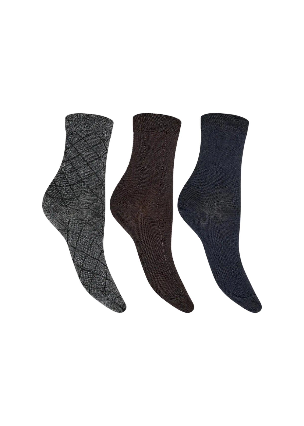 Three pairs of crew socks in different colors and patterns: a gray pair with a diamond grid pattern, a dark brown pair, and a dark navy pair, displayed against a light gray background.