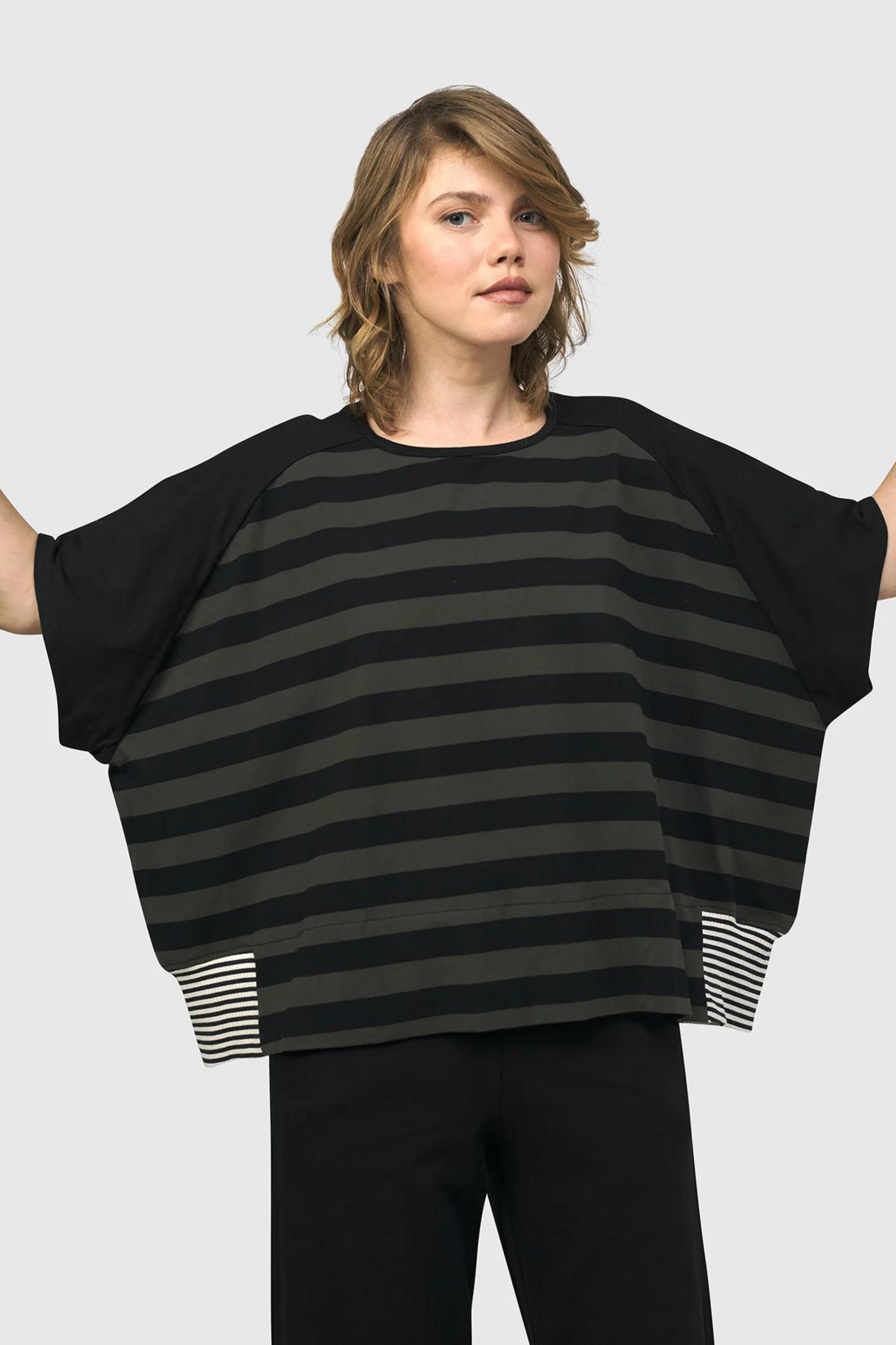 Urban - Green & Black Stripe Top with Fabric Contrasts