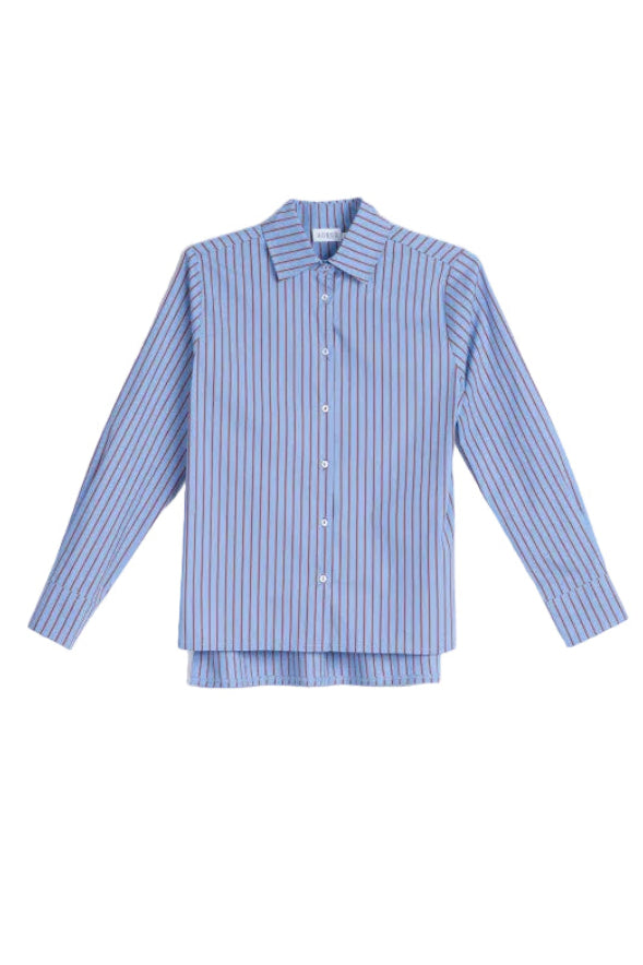 HONGO - A long-sleeve button-up shirt with vertical blue and white stripes, laid flat against a clean white background.