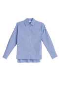 HONGO - A long-sleeve button-up shirt with vertical blue and white stripes, laid flat against a clean white background.