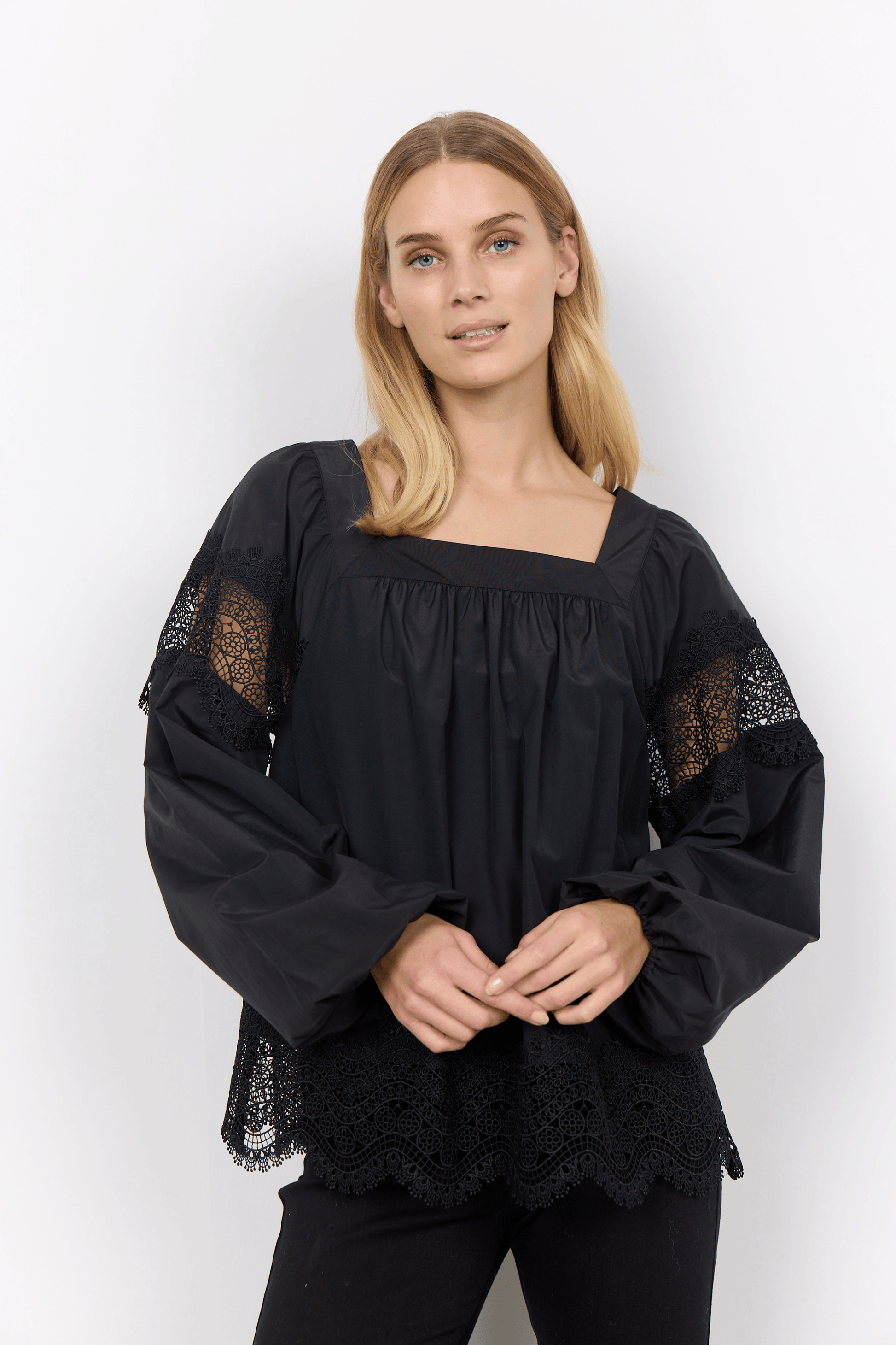 Nettie Black Cotton with Lace Blouse - Diamonds & Pearls