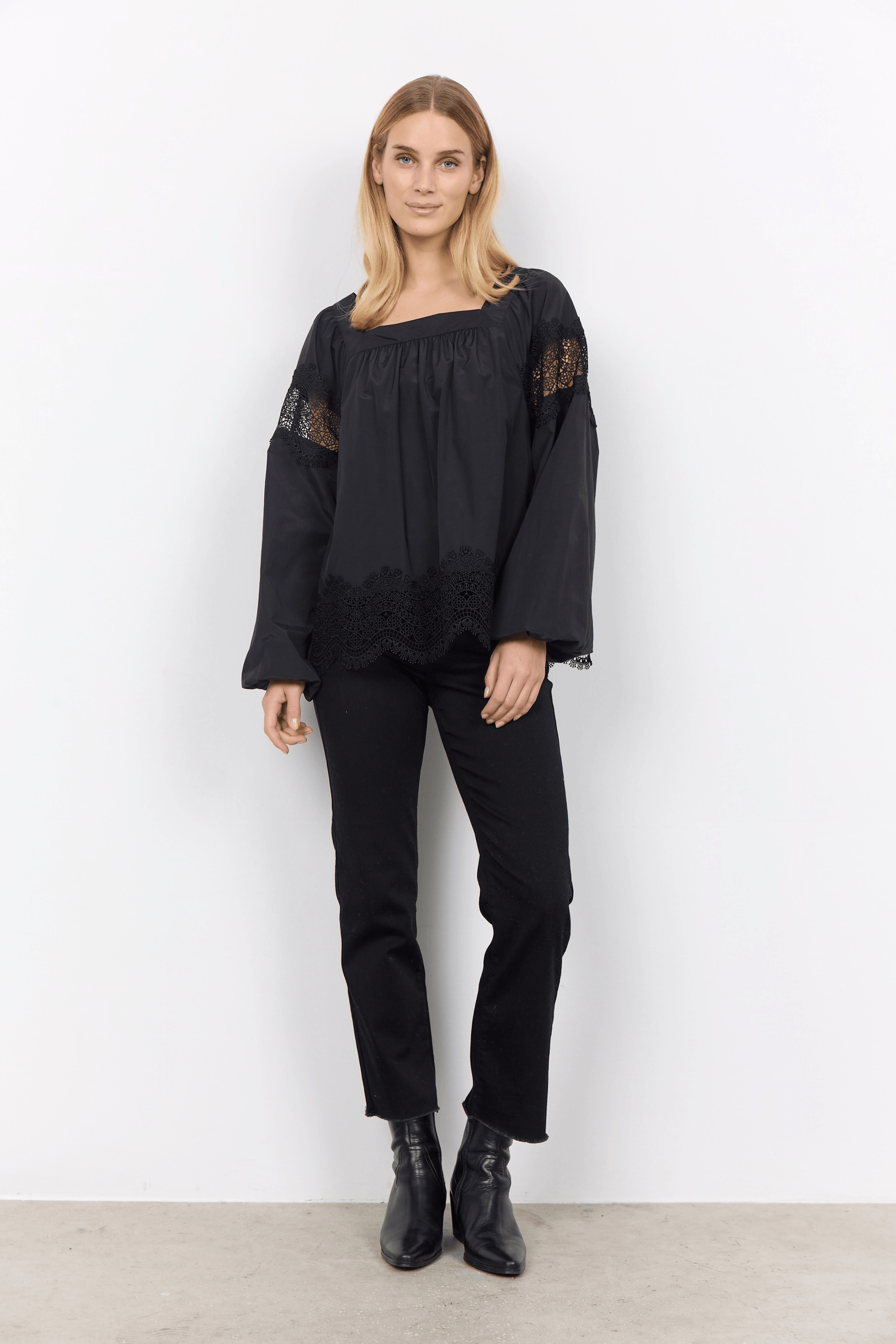 Nettie Black Cotton with Lace Blouse - Diamonds & Pearls