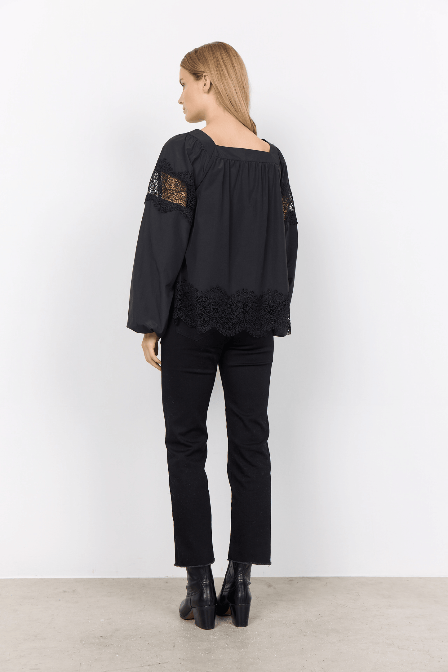 Nettie Black Cotton with Lace Blouse - Diamonds & Pearls